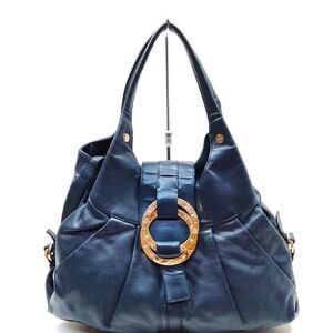 Auth Bvlgari Navy Blue Leather Chandra Hobo Bag Handbag Shoulder Bag